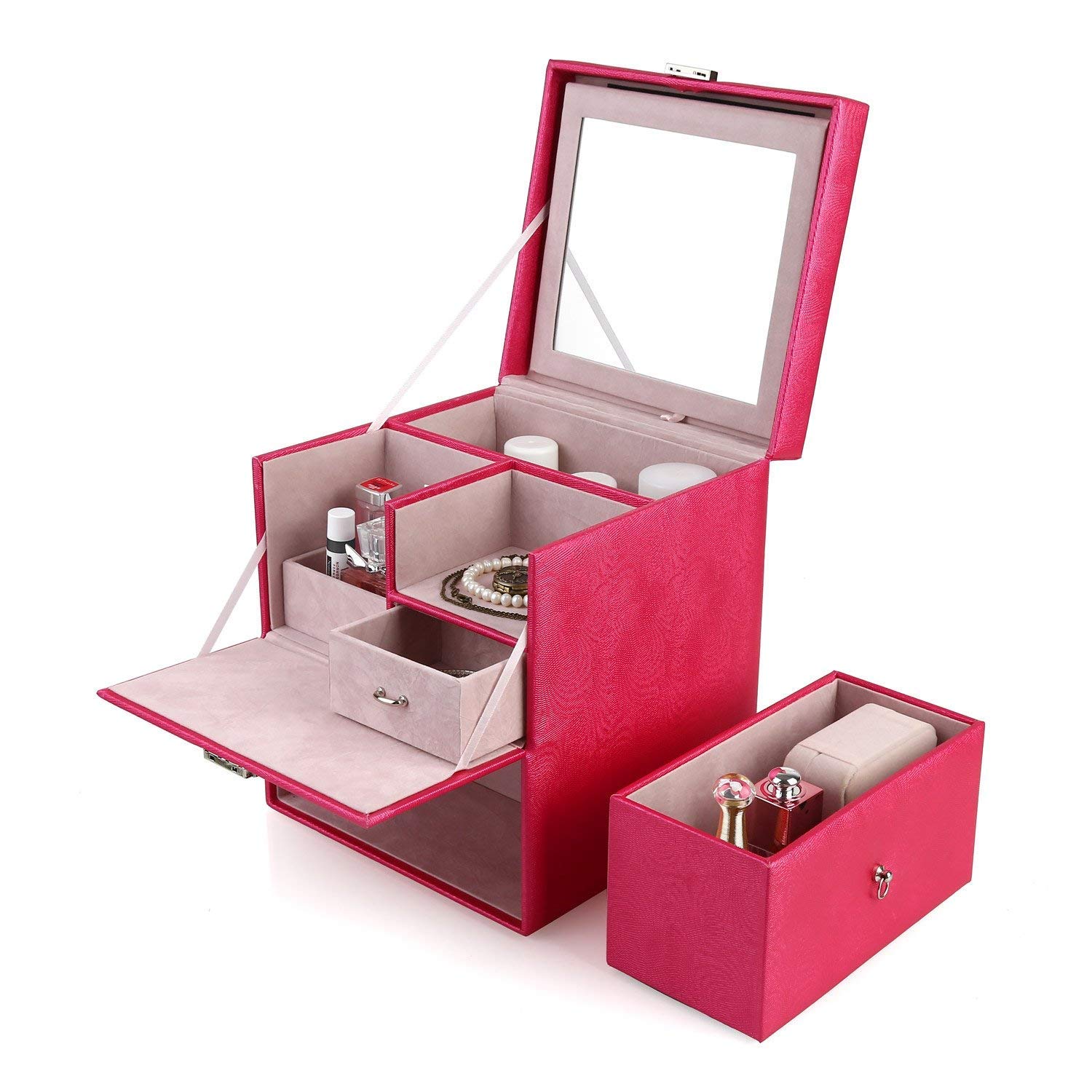 Kosmetikkoffer Multifunktionaler Schminkkoffer mit Spiegel Kunstleder Rosa