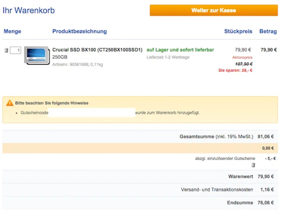 Crucial SSD BX100 (CT250BX100SSD1) 250GB für 76€