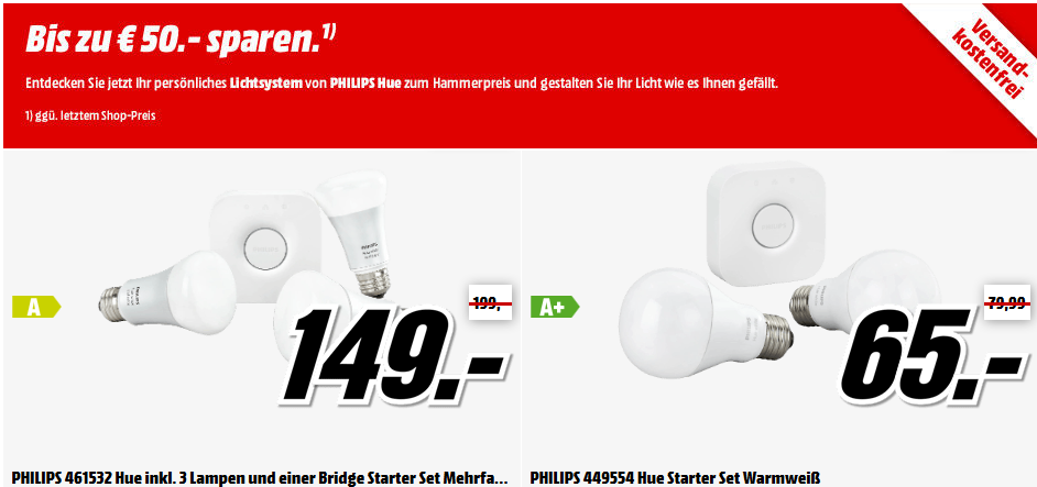 Philips HUE Aktion bei Media Markt - z.B. E27 Starterkit mit 3 Lampen und 2.0 Bridge für 149€