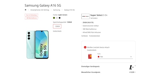Nur für kurze Zeit: 30€ Wechselbonus! 🚀 Samsung Galaxy A16 5G mit 25GB 5G Allnet ab 9,99€ pro Monat | inkl. gratis McAfee LiveSafe