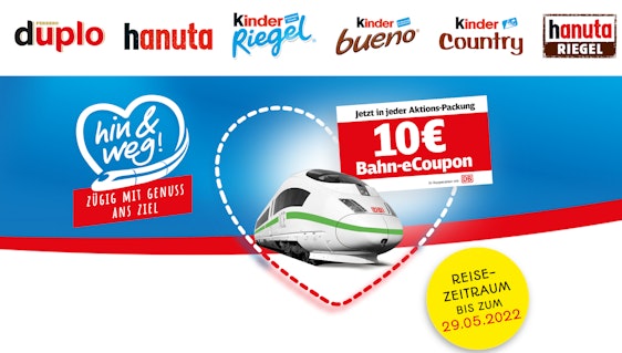 10€ DB eCoupon von Ferrero auf Hanuta-, Duplo- und Kinderriegel-Aktionspackungen