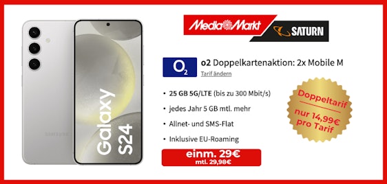 Jetzt noch günstiger! o2-Doppelkarte 📱 Galaxy S24 mit 2x o2-Allnet 25 GB für 29,98€/Monat