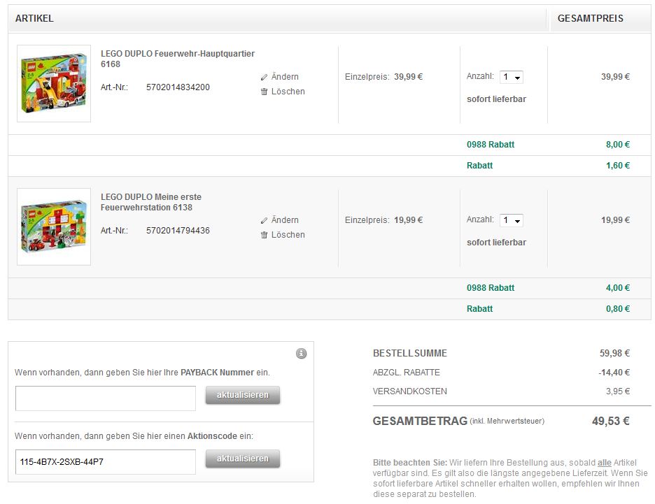 20% auf Lego Duplo bei Galeria Kaufhof - z.B. Lego Duplo Feuerwehr-Hauptquartier 6168 ab 30€