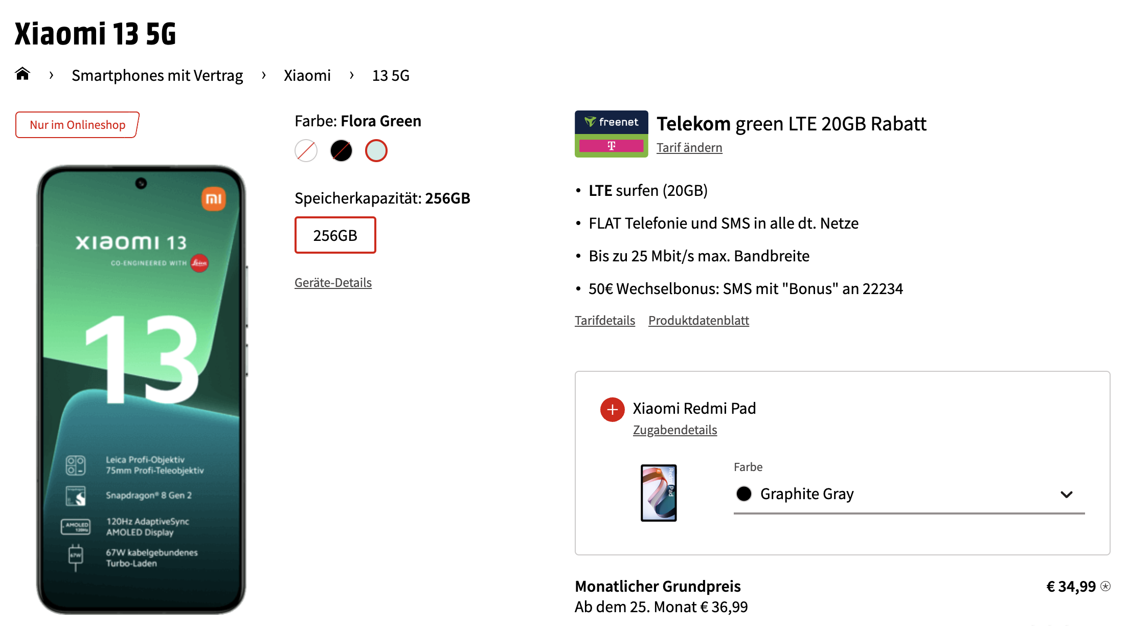 Xiaomi 13 (5G) + Xiaomi Redmi Pad im Telekom Green LTE 20GB für 39€/Monat - 20GB LTE, Allnet- &amp; SMS-Flat