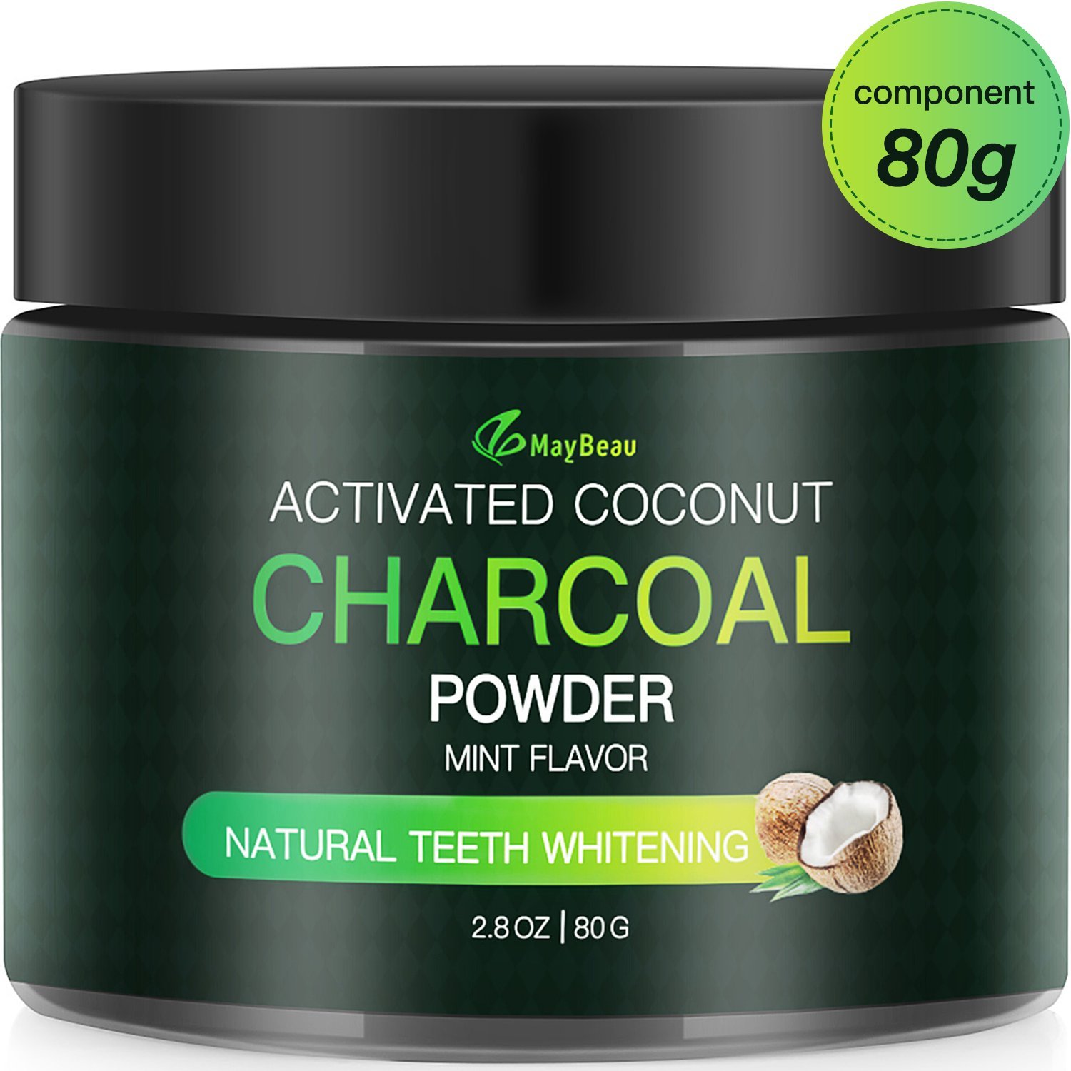 Aktivkohle Pulver Zahnaufhellung 80g MayBeau Groß Premium Kokosnuss Natürliche Coconut