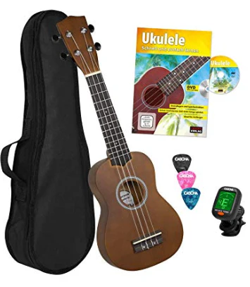 CASCHA Sopran Ukulele Set, kleine Hawaii Gitarre für Kinder & Erwachsene mit Lehrbuch, Stimmgerät, Tasche und 3 Plektren