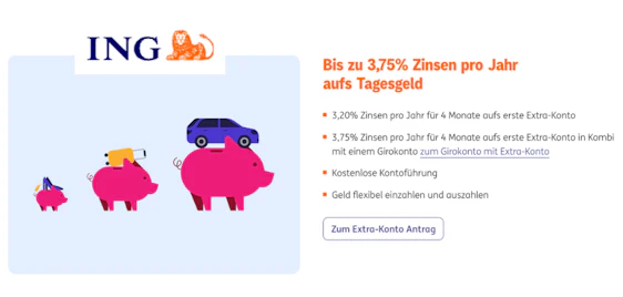 ING Extra-Konto » Tagesgeld mit bis zu 3,75% p.a. Zinsen über 4 Monate bis 250.000€ 📈