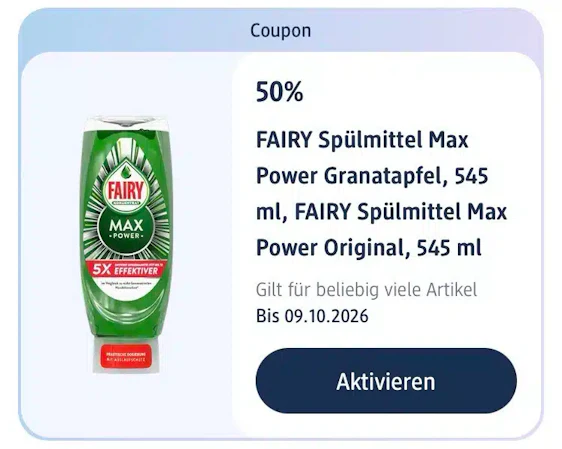 50% Rabatt auf Fairy Spülmittel in der DM App