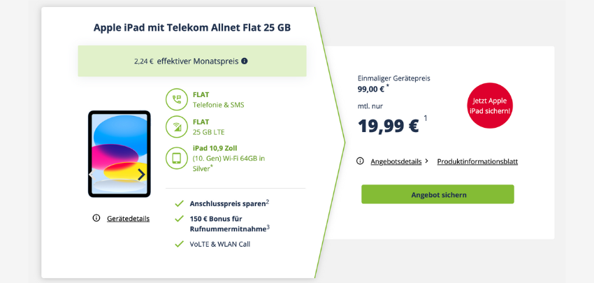 25GB LTE Allnet Flat im Telekom Netz + iPad – einmalig nur 99€ + 19,99€ monatlich 📱
