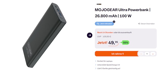 Tagesangebot ⏰ MOJOGEAR Ultra Powerbank für 56€ - 26.800 mAh, 100 W, für 3 Geräte gleichzeitig
