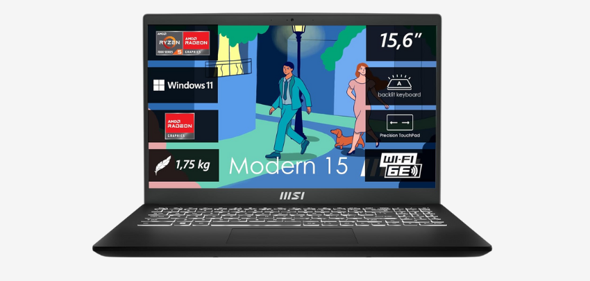 MSI Modern 15 für 349€ - Lifestyle-Laptop, 15,6" Wide-View, Ryzen 5 Prozessor, 512GB SSD
