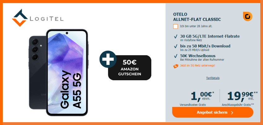 Mit 50€ Amazon-Gutschein 🔥 Samsung Galaxy A55 für 1€ + 5G Otelo Allnet 30GB für 19,99€/Monat 