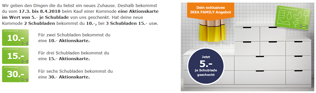 IKEA Family: 5€ Geschenkkarte pro Schublade beim Kauf einer Kommode