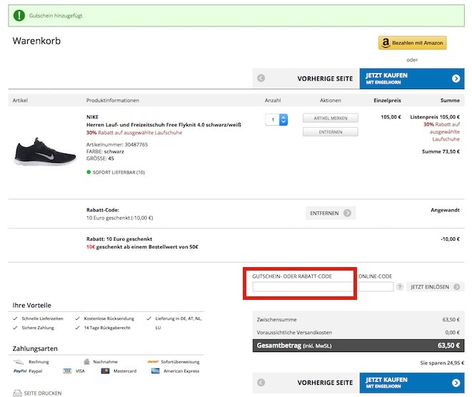 warenkorb engelhorn nike free flyknit gustchein schnaeppchenfuchs