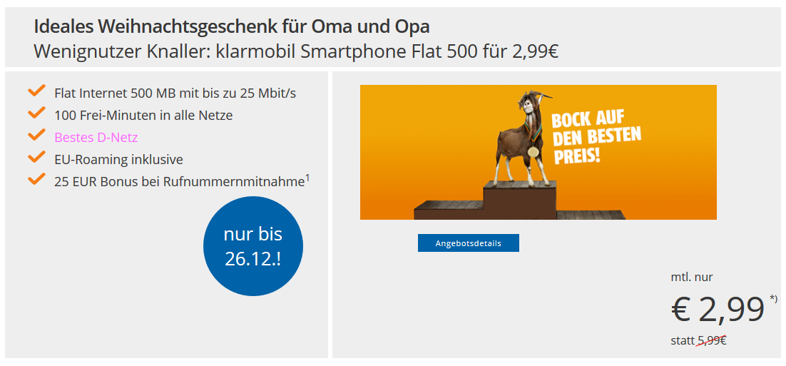 Nur noch heute! klarmobil Smartphone Flat 500 im Telekom-Netz für 2,99€/Monat + Anschlusspreis - 500MB Internet und 100 Frei-Minuten