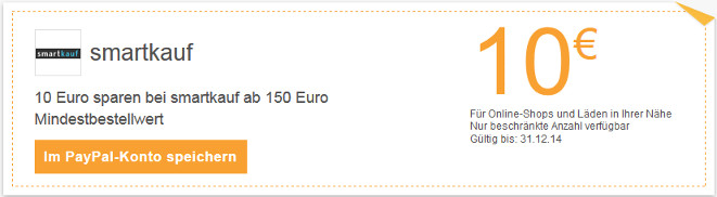 10€ Rabatt bei Smartkauf bei Bezahlung per PayPal - bei 150€ MBW