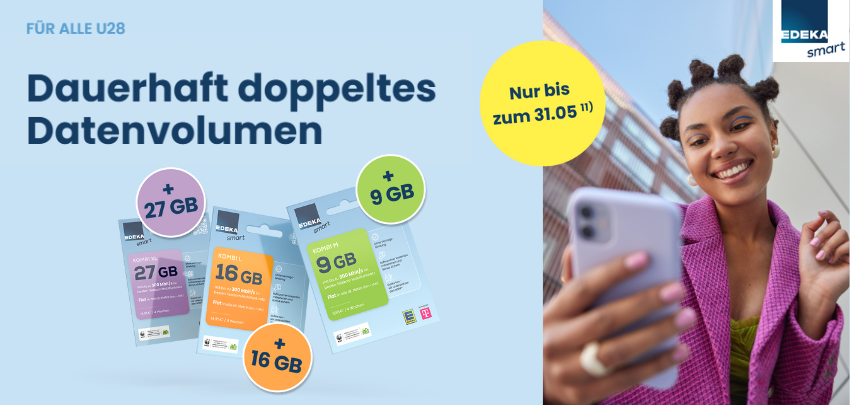Doppeltes Datenvolumen + 1. Monat GRATIS! 😍 EDEKA smart Young-Tarife im Telekom-Netz » für alle unter 28 Jahren