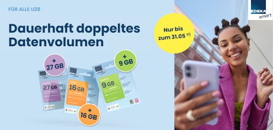 Doppeltes Datenvolumen + 1. Monat GRATIS! 😍 EDEKA smart Young-Tarife im Telekom-Netz » für alle unter 28 Jahren