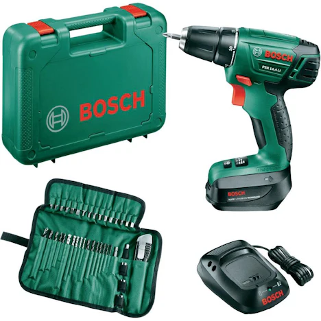 Bosch PSR 14,4 LI Akku-Bohrschrauber + Zubehörset World-Cup (39 tlg.) für 92€