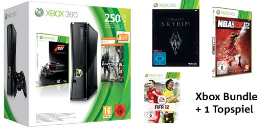 Xbox 360 250GB + Forza 3 + Crysis 2 für 205€ und ein Topspiel mit 20€ Rabatt (Update: Xbox 360 Slim 4GB Kinect + Carnival für 222€)