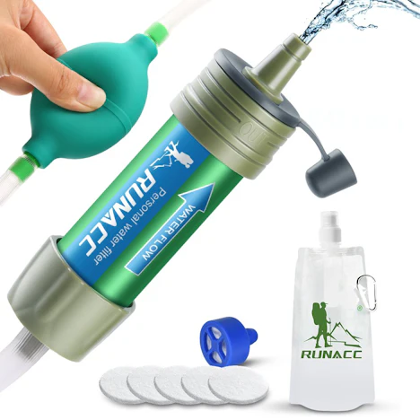 RUNACC Mini Wasser Filter mit Ballpumpe Schnelles Trinken und Rückspülen Design,
