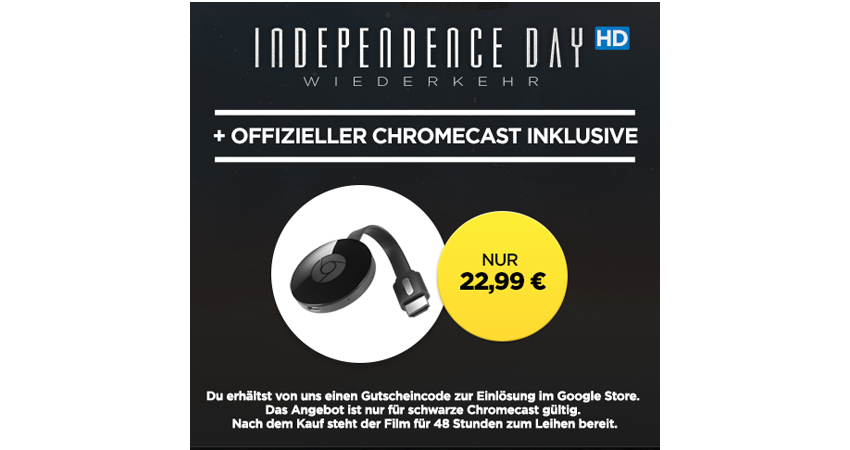 Google Chromecast 2 + Independence Day: Wiederkehr (HD-Stream) für 23€