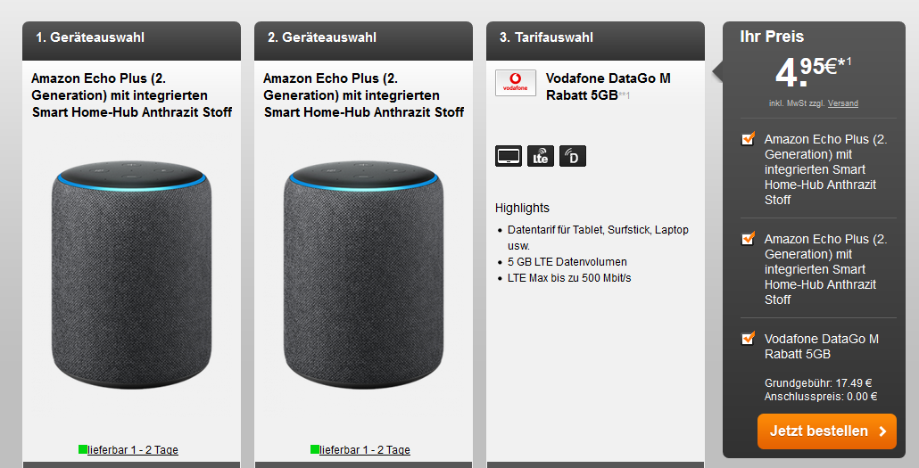 2x Amazon Echo Plus (2. Generation) im Vodafone DataGo M für 18€ / Monat - 5GB LTE inkl. EU-Roaming
