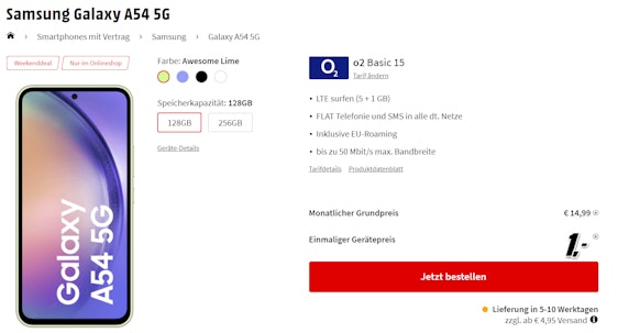 Samsung Galaxy A54 für 1€ im o2 Basic 15 für 14,99€/Monat - 6GB LTE, Allnet- & SMS-Flat, EU-Roaming