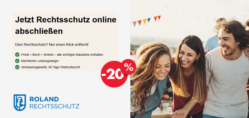 Nur bis morgen: 20% sparen ☂️ ROLAND Rechtsschutz über 5 Jahre für Neukund:innen