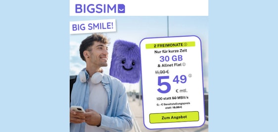 2 Monate GRATIS (auch mtl. kündbar) 💣 BigSIM 5G Allnet-Flats | z.B. 30GB für effektiv 5,03€