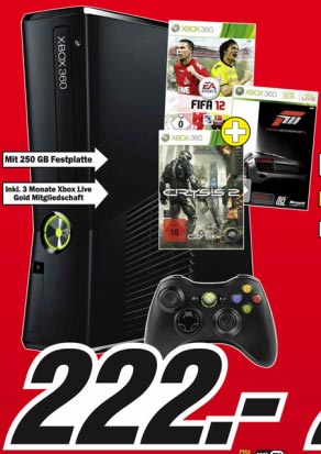 Xbox 360 250GB mit FIFA 12, Crysis 2 und Forza Motorsport III für 222€ (Update 2: bei manchen Media Märkten mit Forza 4 zum selben Preis)