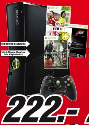 Xbox 360 250GB mit FIFA 12, Crysis 2 und Forza Motorsport III für 222€ (Update 2: bei manchen Media Märkten mit Forza 4 zum selben Preis)