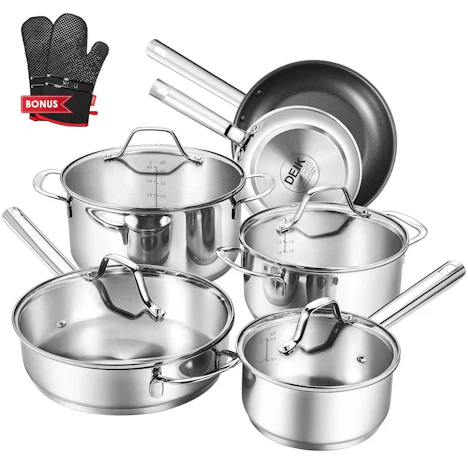 Kochgeschirr Set 10-teilige Töpfe und Pfannen Set, rostfreie und ofenfeste Kochtöpfe, PFOA freie und genietete Griffe mit GRATIS Topflappen