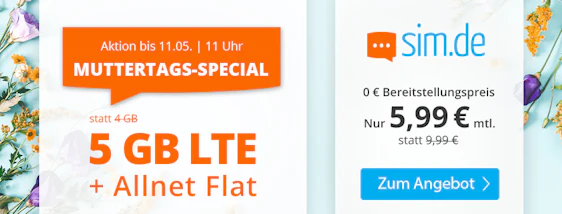 1GB on top! LTE All 4+1 für 5,99€ im Monat bei SIM.de - 5GB LTE, Allnet- und SMS-Flat, EU-Roaming