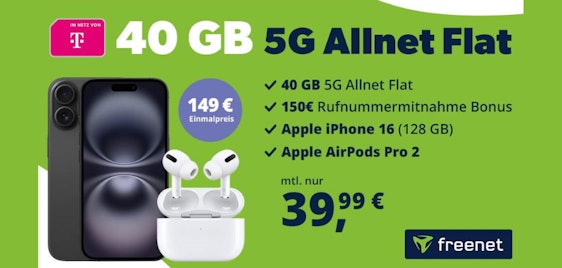 Allerletzte Chance bis 11 Uhr! Mega Bundle 🍏🤑 Apple iPhone 16 + AirPods Pro 2 » mit 40GB Telekom Allnet-Flat für 39,99€ mtl.
