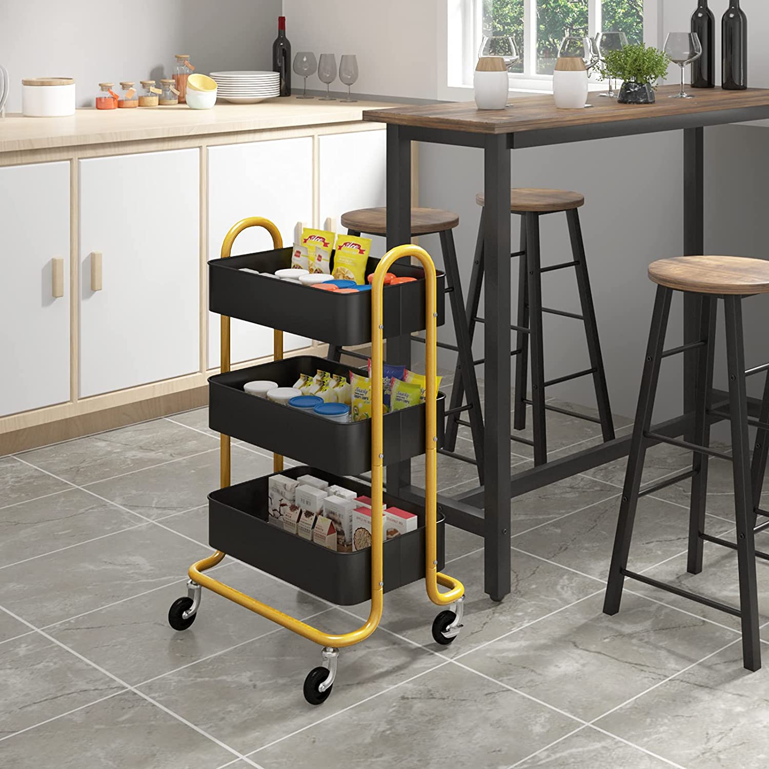 WOLTU Küchenwagen mit Bremse Golden+Schwarz