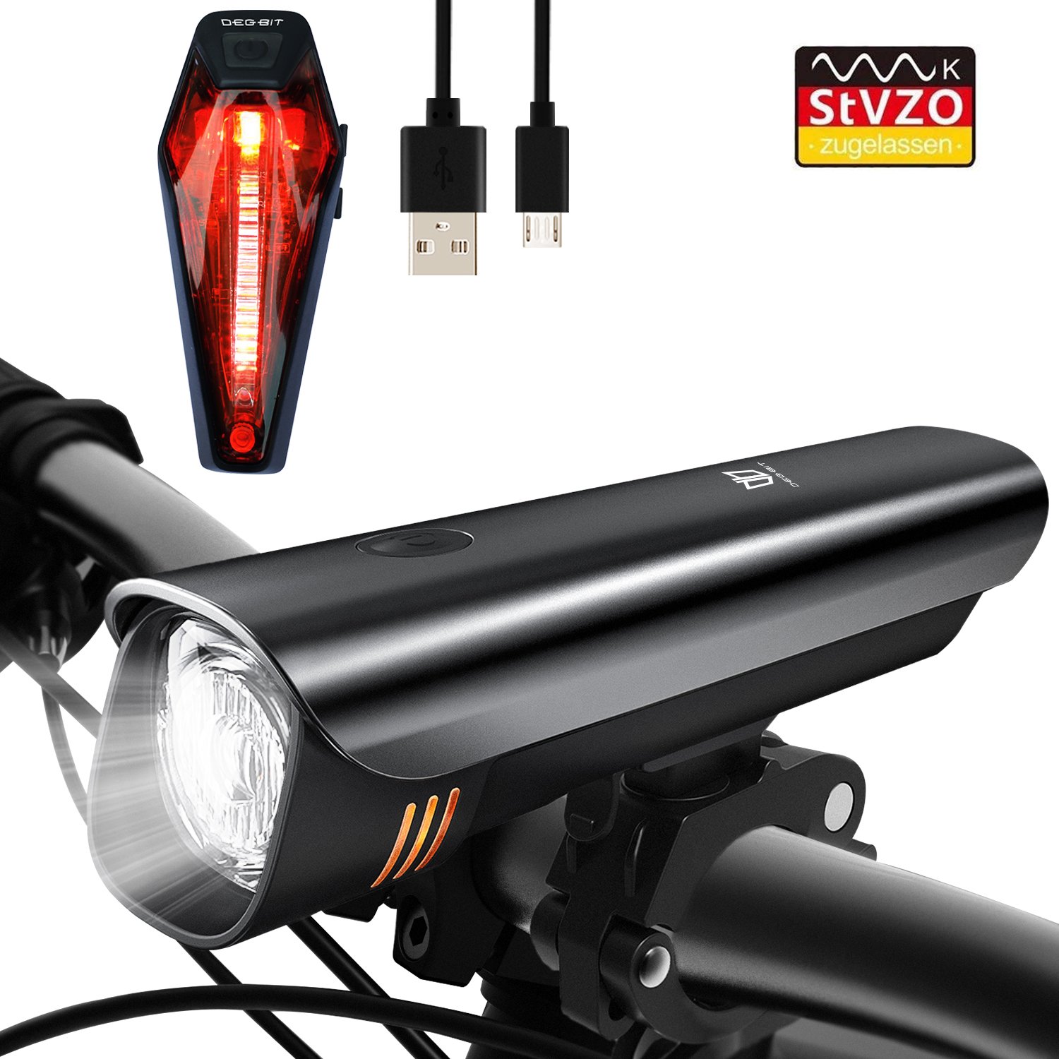Degbit LED Fahrradlicht Set, StVZO Zugelassen USB Wiederaufladbare LED Fahrradbeleuchtung Set