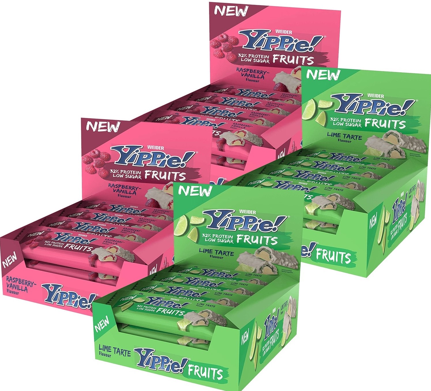 4 x Weider Yippie Bar Fruits Proteinriegel für 40€ – 35% Protein pro Riegel, Raspberry Vanilla oder Lime Tarte, 48 x 45g
