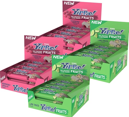 4 x Weider Yippie Bar Fruits Proteinriegel für 40€ – 35% Protein pro Riegel, Raspberry Vanilla oder Lime Tarte, 48 x 45g