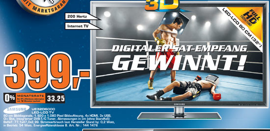 Samsung UE32D6000 für 399€ bei Saturn - 32" Edge-LED 3D TV
