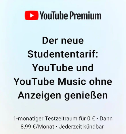 YouTube Premium für 8,99 (Studentenangebot)