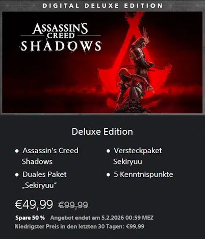 Assassin's Creed Shadows - Digital Deluxe Edition (PlayStation 5) für 49,99€ statt 99,99€