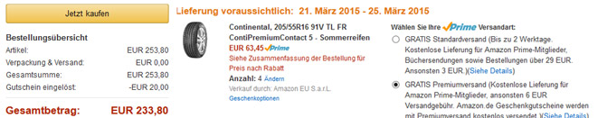 5€ Rabatt auf Autoreifen bei Amazon - z.B. Continental, 205/55R16 91V TL FR ContiPremiumContact 5 für 58€/Stück