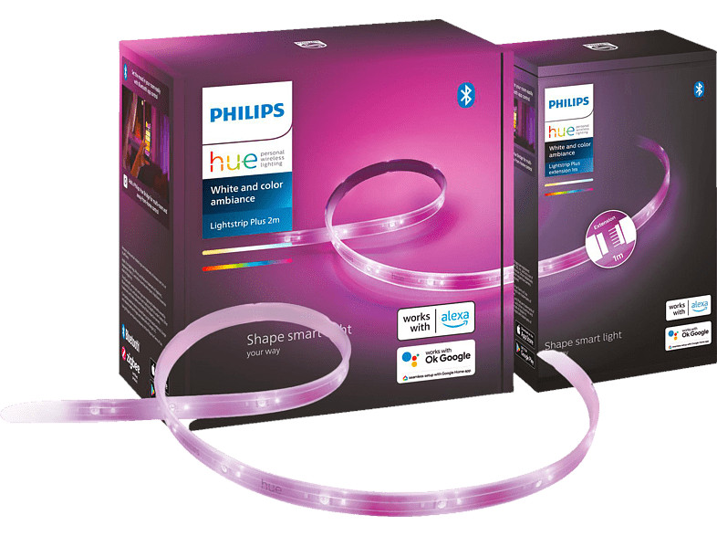 Philips Hue White &amp; Color Ambiance LightStrip Plus für 65€ – 2m Basis + 1m Erweiterung, mit Amazon Echo kompatibel
