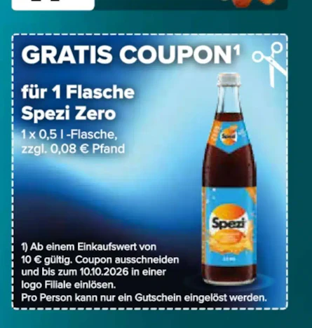 Gratis 1 Flasche Spezi Zero ab 10 Euro MEW mit Originalcoupon