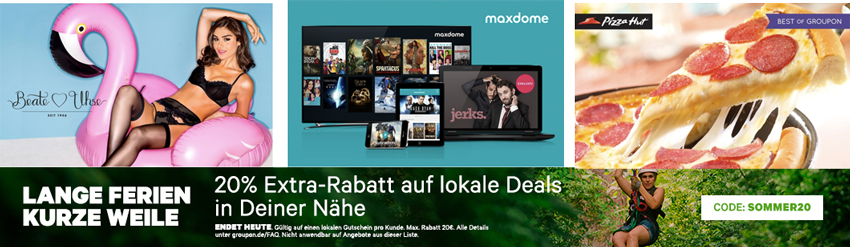20% Rabatt auf lokale Deals bei Groupon - z. B. 6 Monate Maxdome für 13€