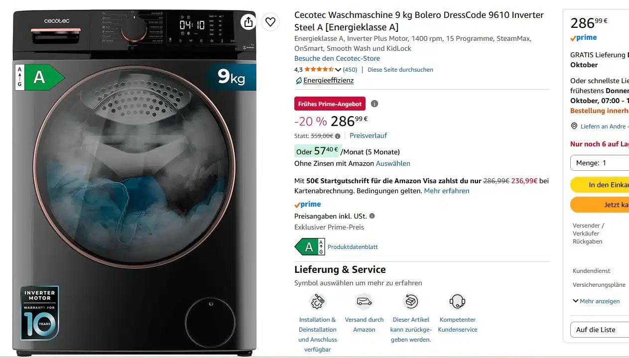 Cecotec Waschmaschine 9 kg Bolero DressCode 9610 Inverter Steel A [Energieklasse A]