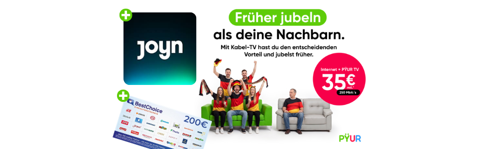 Pyur Kombi 250 MBit/s + 200€ Bonus 📺🌐 mit Pyur TV HD & JOYN+ GRATIS ➡️ effektiv nur 27,50€ mtl.