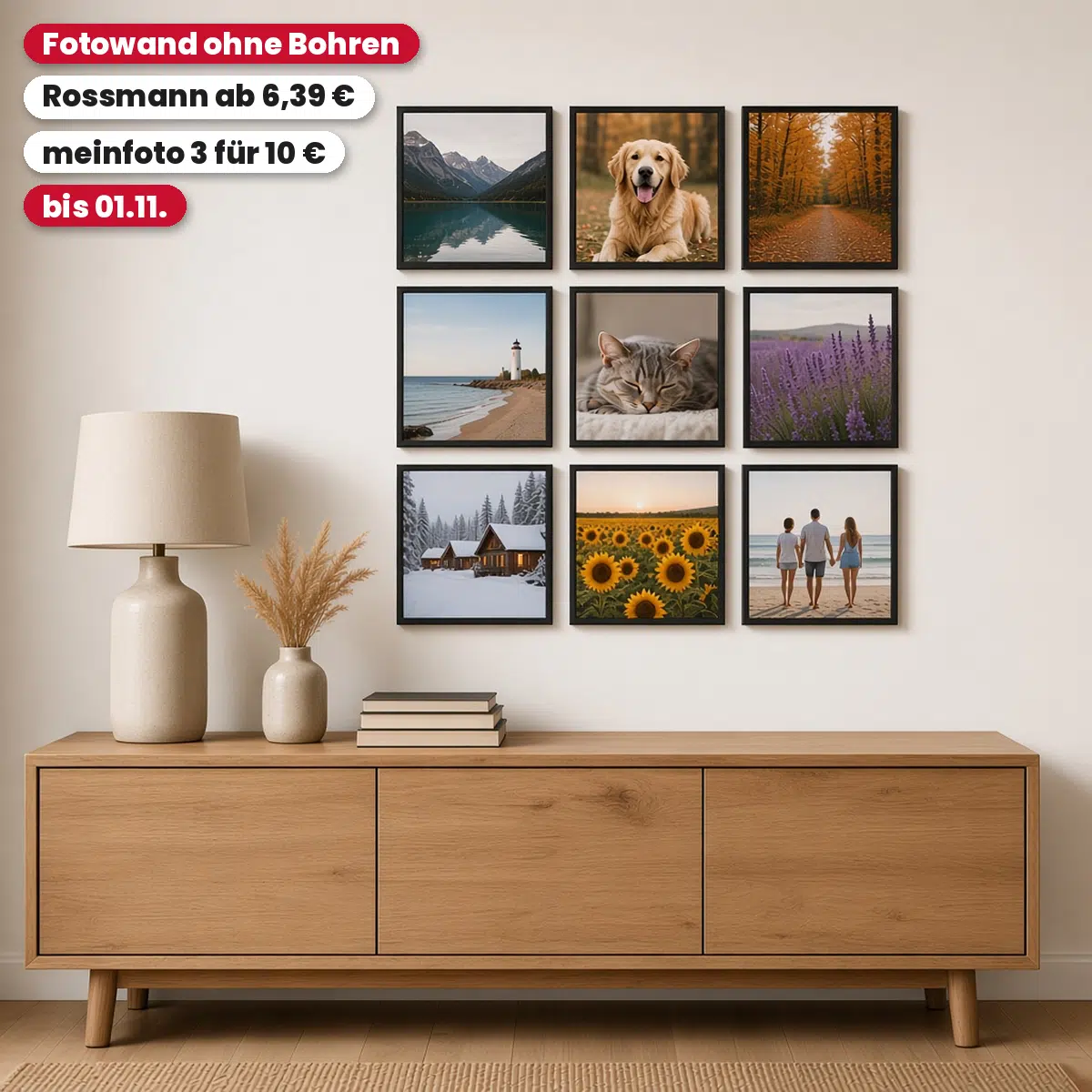 Fotowand ohne Bohren: MIXPIX Fotokacheln 20×20 cm zum Austauschen, ab 6,39 € bei Rossmann Fotowelt oder 3 für 10 € bei meinfoto.de (Rossmann-Code bis 01.11.)