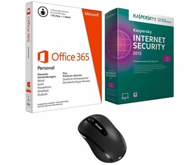 Im Bundle sparen: Microsoft Office 365 Personal + Kaspersky Internet Security 2015 + Microsoft Wireless Mobile Mouse 4000 für 40€